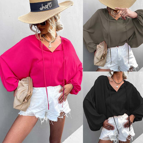 Damen luftiges Blusenshirt mit weiten Ärmeln und modischem Schleifendetail EB