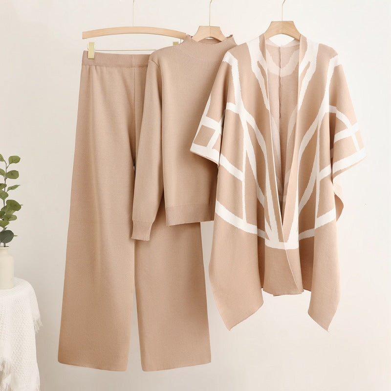 Damen trendiges Strick-Loungewear-Set mit grafischem Poncho-Design EB