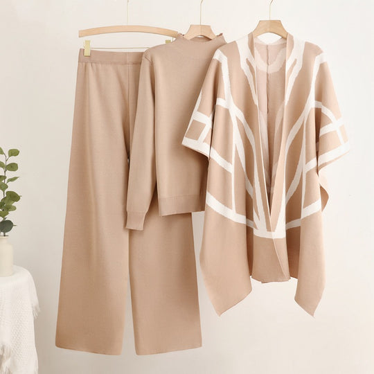 Damen trendiges Strick-Loungewear-Set mit grafischem Poncho-Design EB