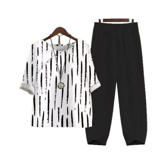 Damen nan weites Shirt mit Pinselstrichmuster, überschnittener Schulter und elastischer Komforthose mit Gummizug EB