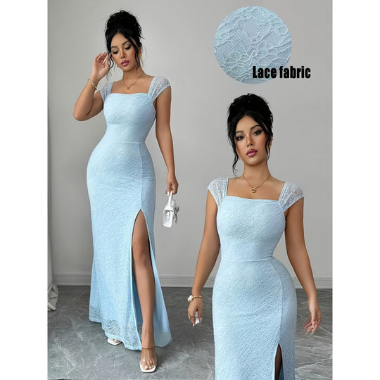 Damen Maxikleid mit Spitzenärmel und seitlichem Schlitz EB