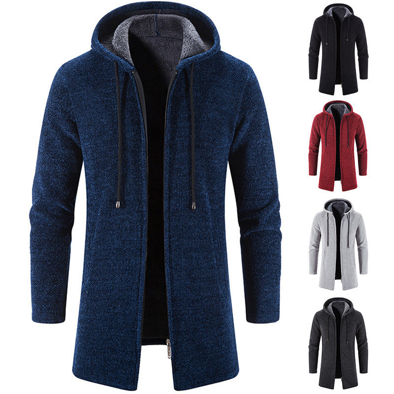 Herren nan langer Kapuzenstrickmantel mit Teddyfutter, durchgehendem Reißverschluss und seitlichen Eingrifftaschen EB