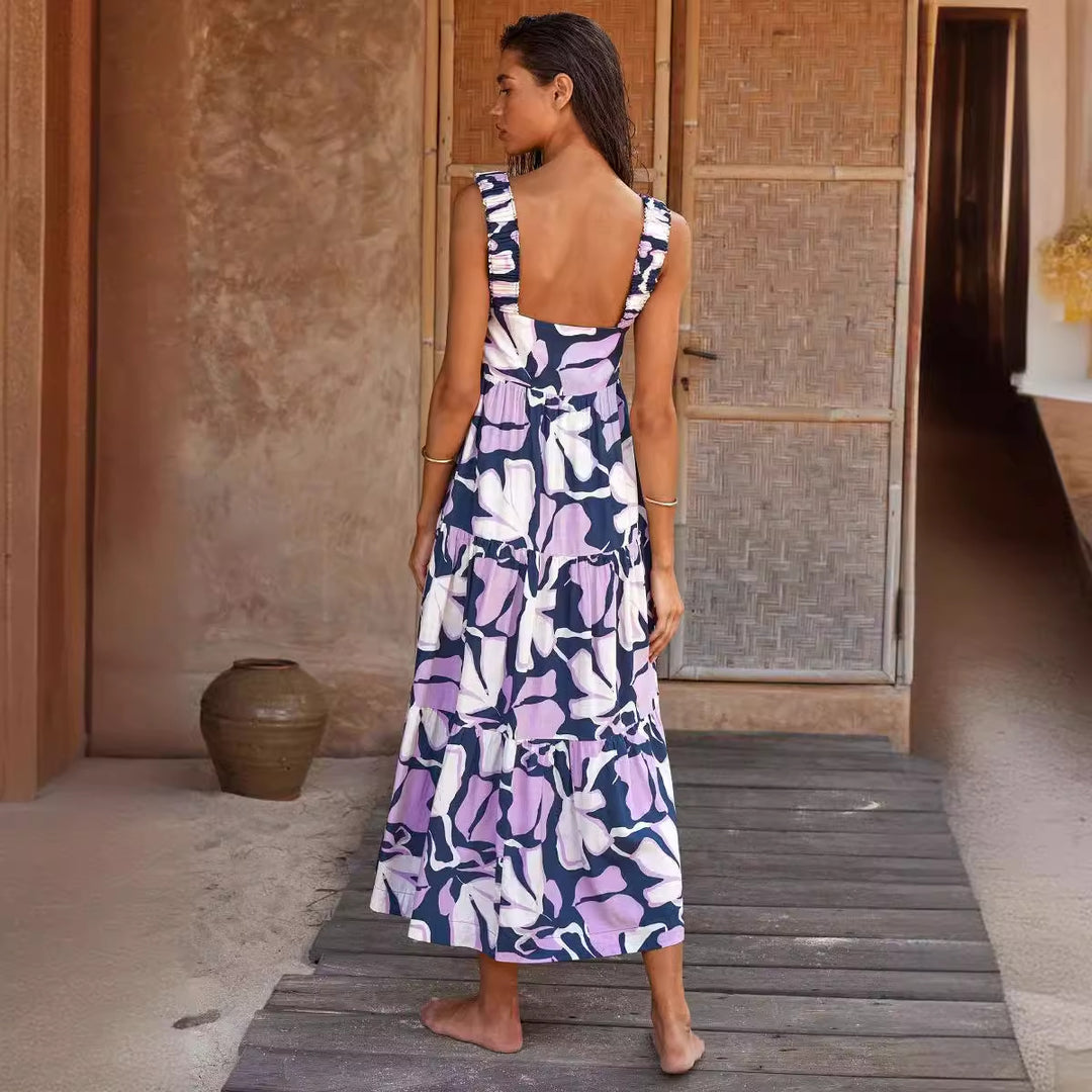 Damen Maxikleid mit elastischen Trägern und fließendem Rock EB