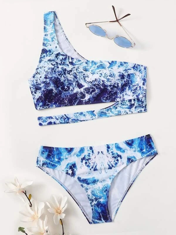 Damen Sport-Bikini mit asymmetrischem Schnitt und modischem Wasser-Motiv EB