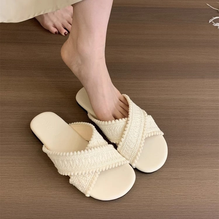 Damen elegante Hausschläppchen mit dekorativen Riemen und komfortablem Fußbett EB