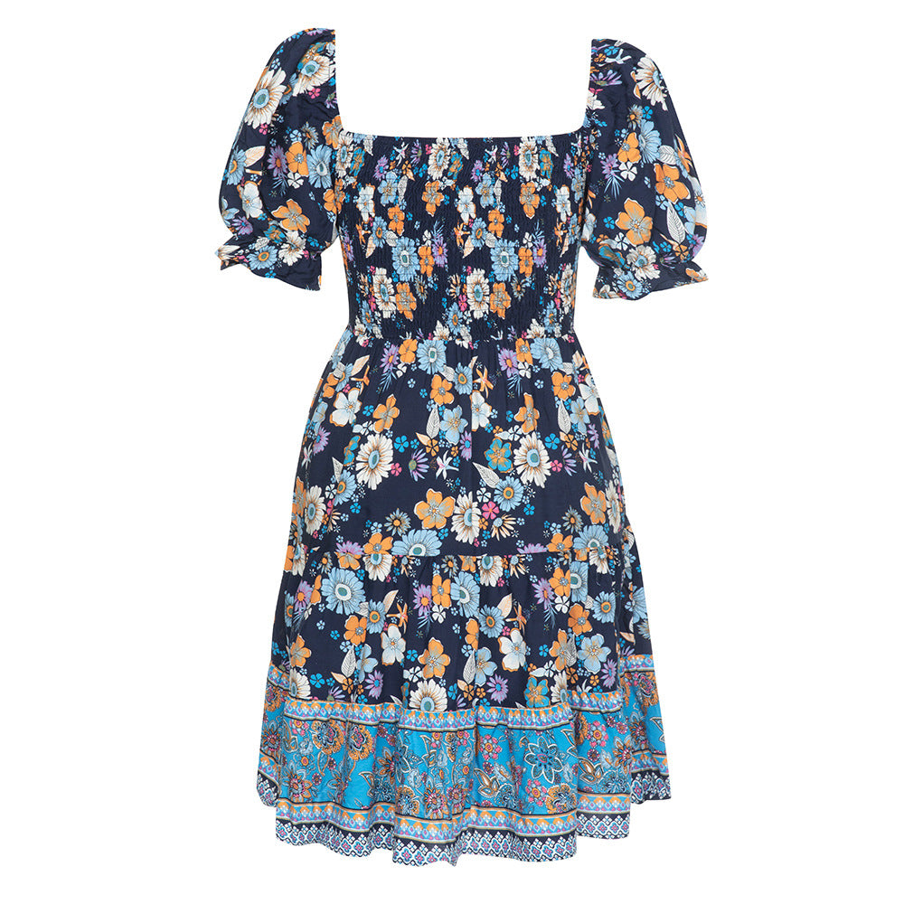 Damen Blumenmuster Maxikleid mit Puffärmeln und elastischem Taillengummi EB