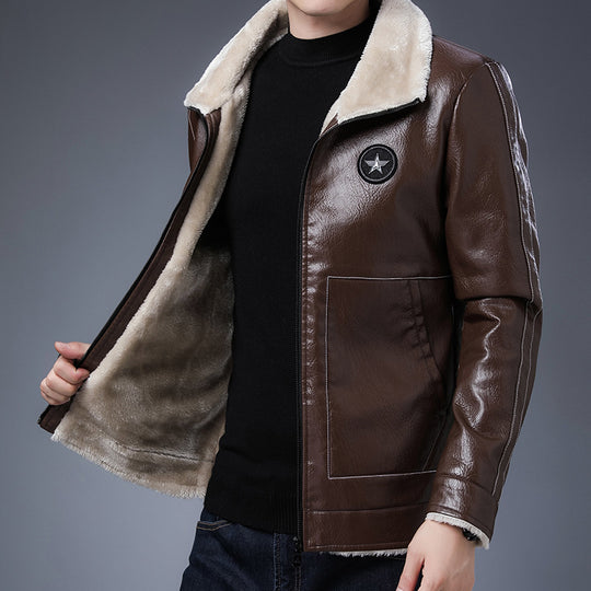 Herren Kunstleder‑Fliegerjacke mit durchgehendem Teddyfutter und Stehkragen EB