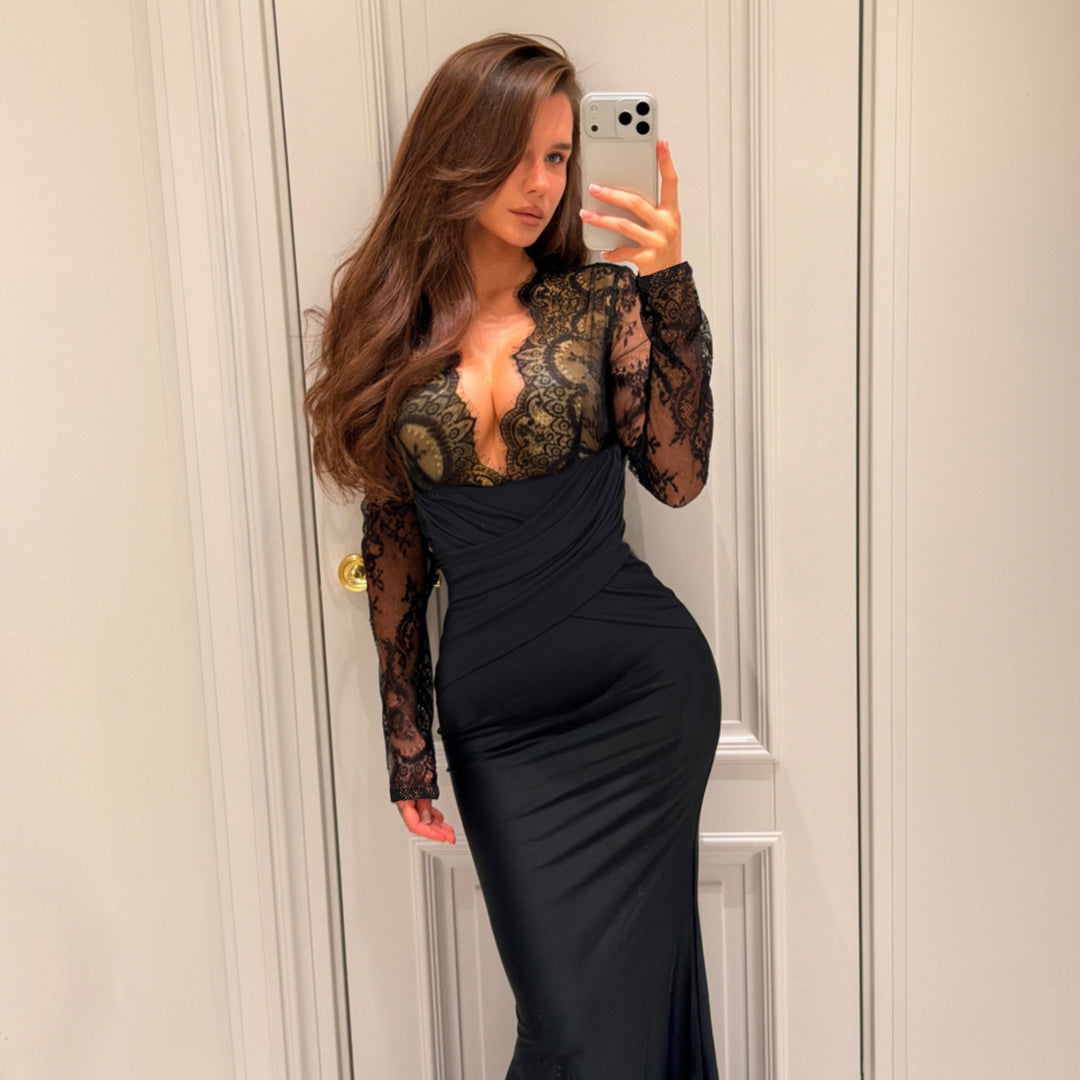 Damen elegantes Abendkleid mit Spitzeneinsätzen und raffiniertem Wickeldesign EB