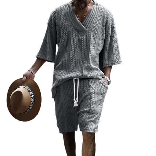 Herren nan lässiges Strick-Set mit V-Ausschnitt, Kurzarm-Oversize und Kordelshorts EB