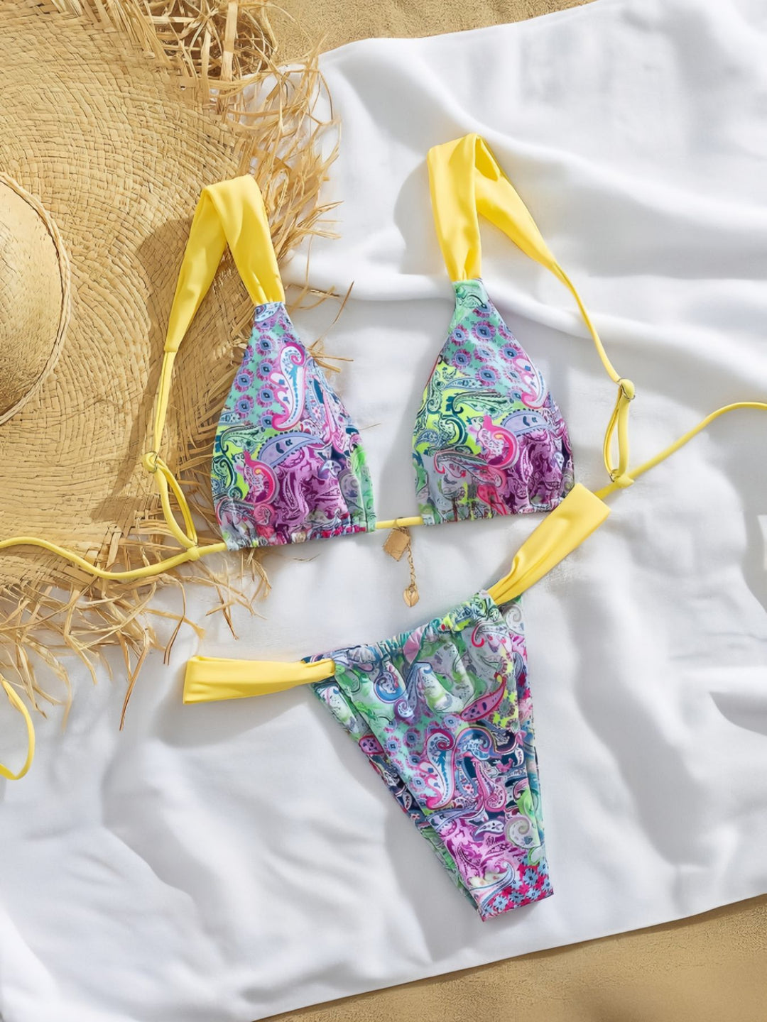 Damen Triangel-Bikini mit buntem Paisleymuster und verstellbaren Trägern EB