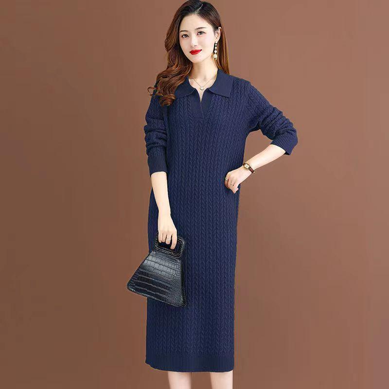 Damen Strickkleid mit klassischem Polokragen und feinem Zopfmuster EB