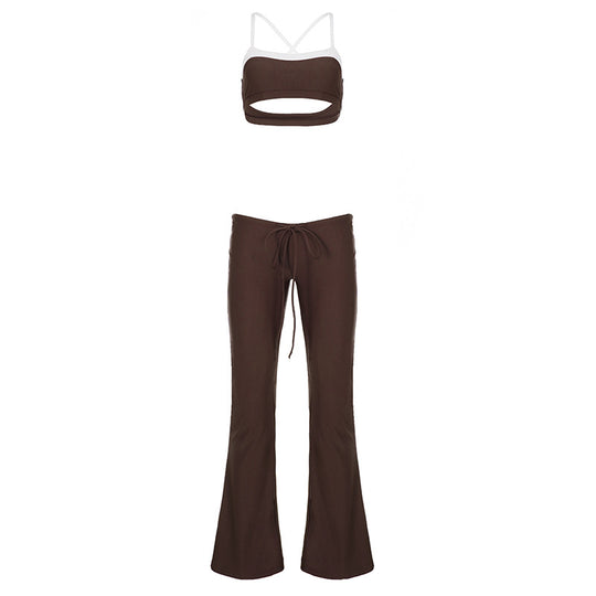 Damen sportliches Flared Set mit Crop-Top und bindbarem Bund EB