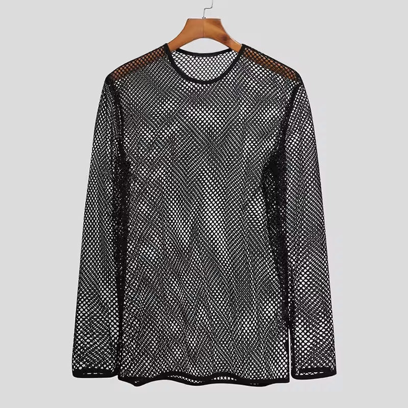 Unisex nan durchscheinendes Diamantnetz-Langarmshirt mit Rundhalsausschnitt EB