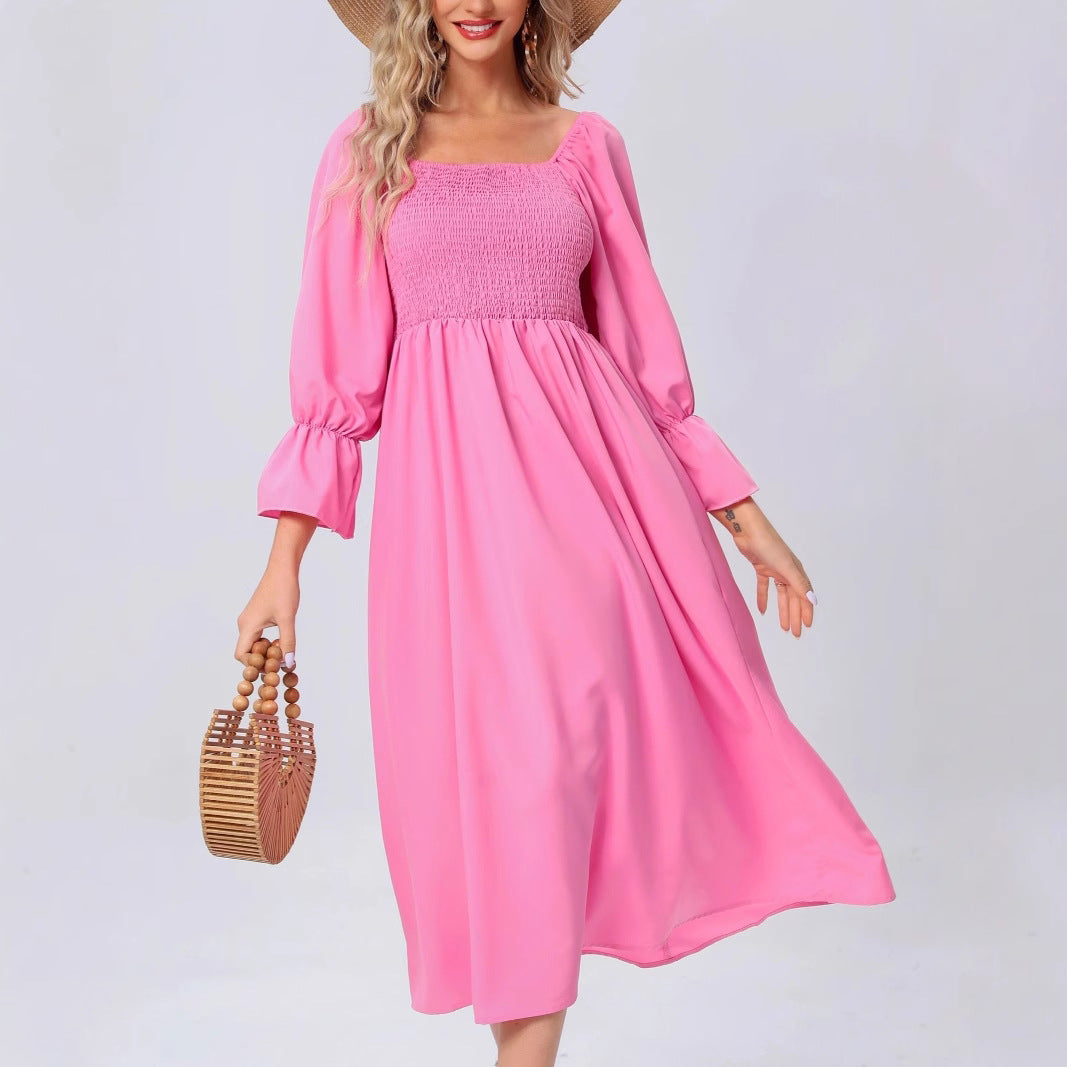 Damen Midikleid mit elastischen Puffärmeln und romantischem Taillenzug EB