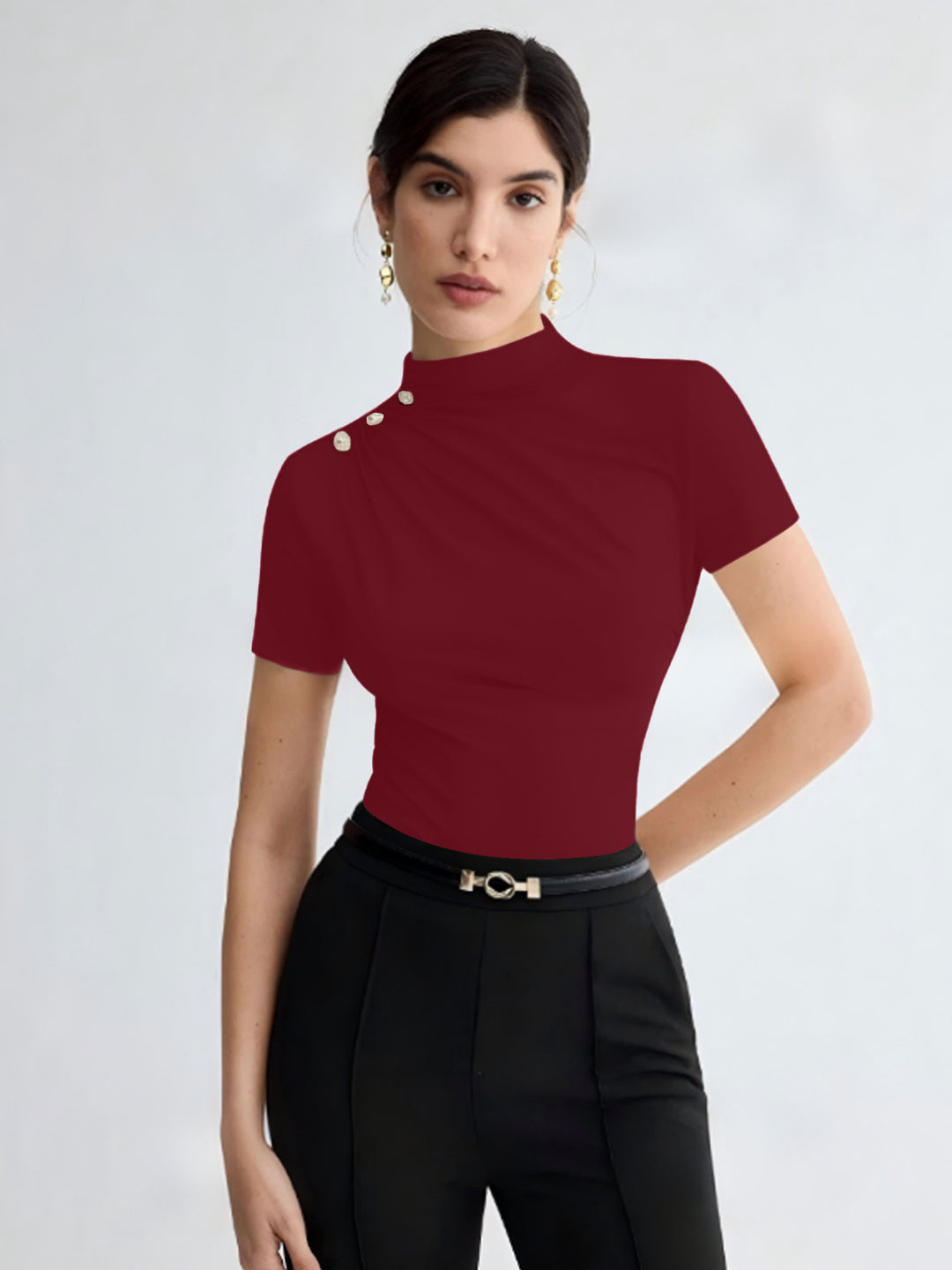 Damen elegantes Oberteil mit dekorativen Knopfdetails und modernem Stehkragen EB