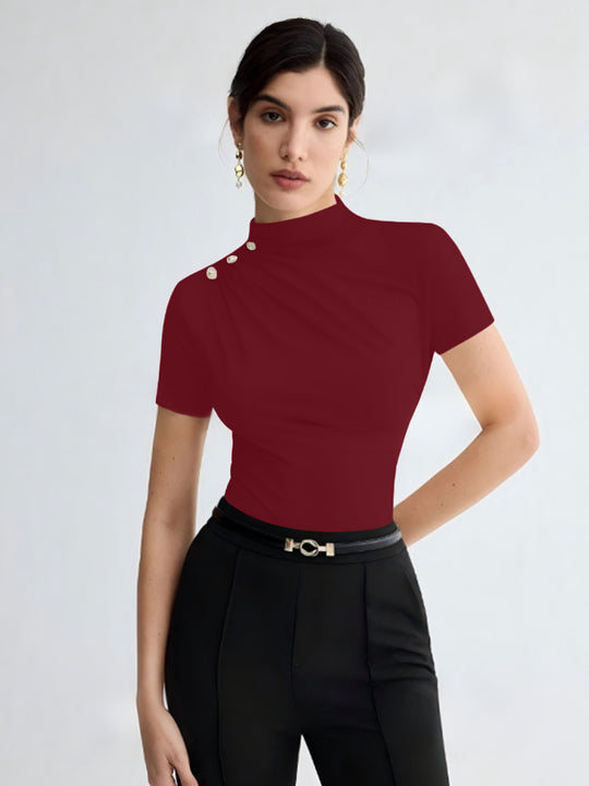 Damen elegantes Oberteil mit dekorativen Knopfdetails und modernem Stehkragen EB