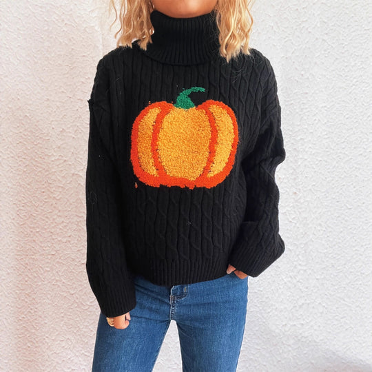 Damen Strickpullover mit Rollkragen und fröhlichem Kürbisdesign EB