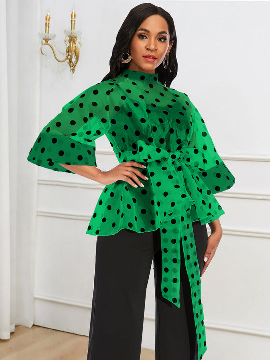 Damen Chiffonbluse mit transparentem Polka-Dots-Design und tailliertem Bindegürtel EB