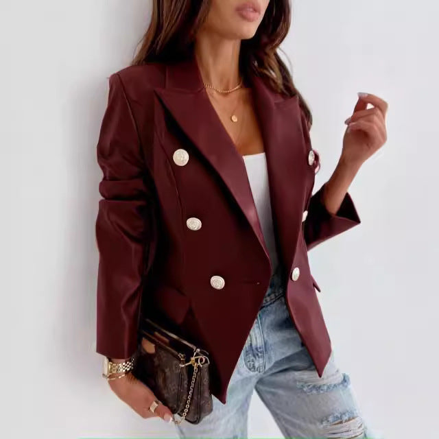 Damen eleganter Kunstleder Blazer mit doppelter Knopfleiste EB