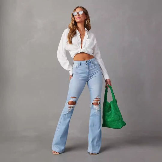 Damen Flared Jeans mit modischen Destroyed-Details und hohem Bund EB