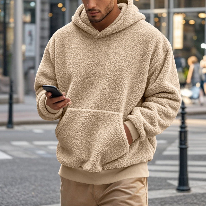 Herren Hoodie aus kuscheligem Teddy-Fleece mit Kängurutasche und breiten Bündchen EB