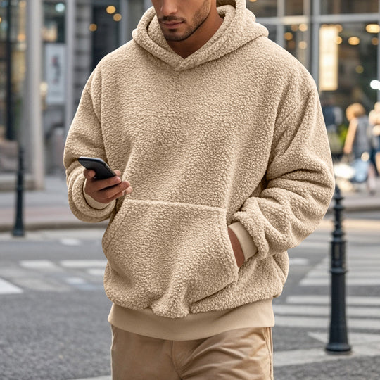 Herren Hoodie aus kuscheligem Teddy-Fleece mit Kängurutasche und breiten Bündchen EB