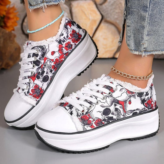 Damen Plattform-Sneaker mit floralem Design und hoher Sohle EB