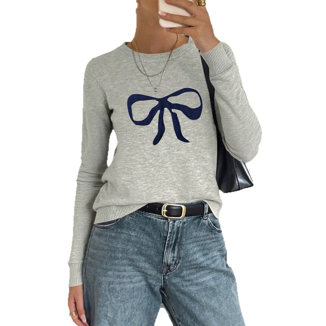 Damen nan Feinstrickpullover mit großem Schleifenprint, Rundhalsausschnitt und schmaler Passform EB
