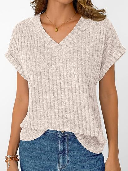 Damen lässiges V-Ausschnitt T-Shirt mit Streifenstruktur EB