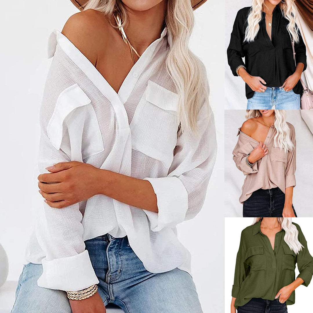 Damen lässige Hemdbluse mit Brusttaschen und hochgekrempelten Ärmeln EB