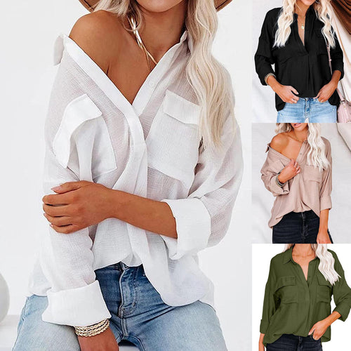 Damen lässige Hemdbluse mit Brusttaschen und hochgekrempelten Ärmeln EB