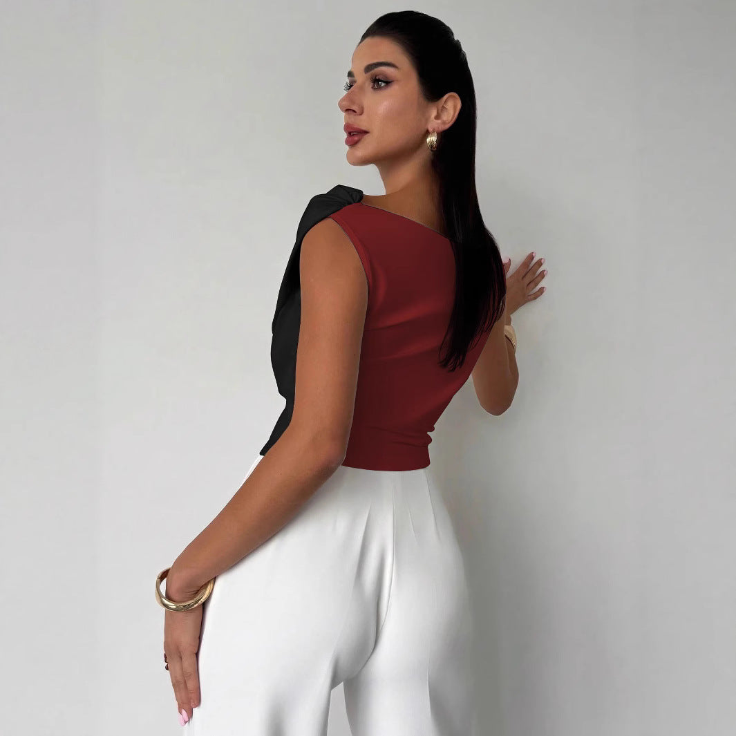 Damen nan elegantes asymmetrisches Drapiertop mit überkreuzter Vorderpartie und figurbetonter Taille EB