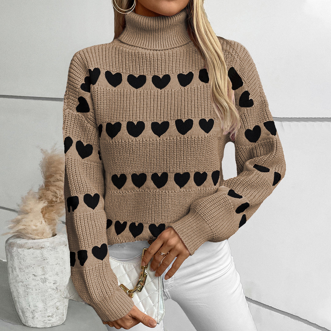 Damen Strickpullover mit Herzmuster und hohem Kragen EB