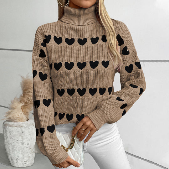 Damen Strickpullover mit Herzmuster und hohem Kragen EB