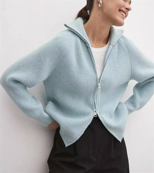 Damen Strickjacke mit hohem Kragen und Reißverschluss EB