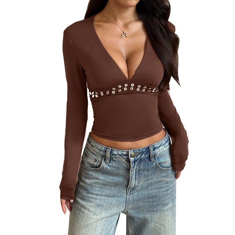 Damen elegantes Langarm-Top mit tiefem V-Ausschnitt und dekorativen Nieten EB
