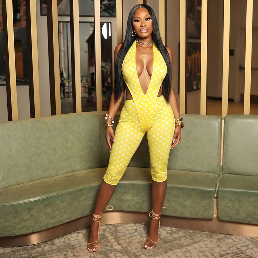 Damen figurbetonter Jumpsuit mit tiefem V-Ausschnitt und Bindegürtel EB
