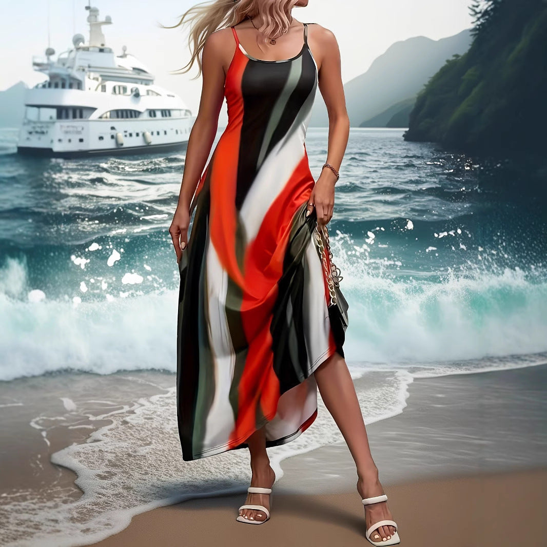 Damen Maxikleid im modernen Grafikdesign mit schmalen Trägern und fließendem Schnitt EB