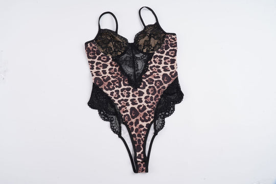 Damen-Spitzen-Bodysuit mit animalischem Muster und sexy Cut-Outs EB