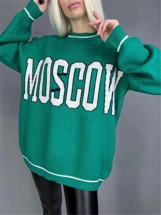 Damen Strickpullover mit grafischem Schriftzug und lässiger Silhouette EB