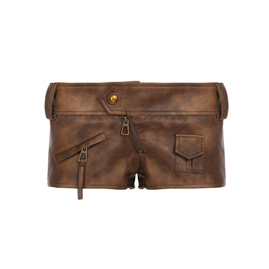 Damen Modische Shorts aus Kunstleder mit praktischen Taschen und dekorativen Reißverschlüssen EB