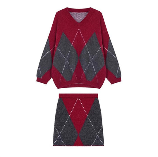 Damen Skandinavisches Strickensemble mit V-Ausschnitt und Rautenmuster EB