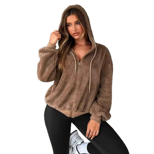 Damen Teddy-Fleecejacke mit Kapuze und elastischen Bündchen EB