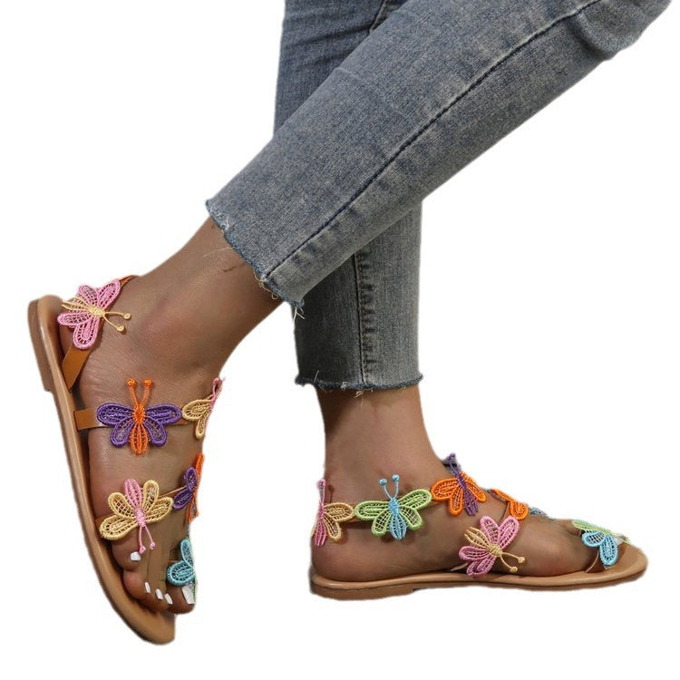 Damen Zehentrenner-Sandalen mit buntem Schmetterlingsdesign EB