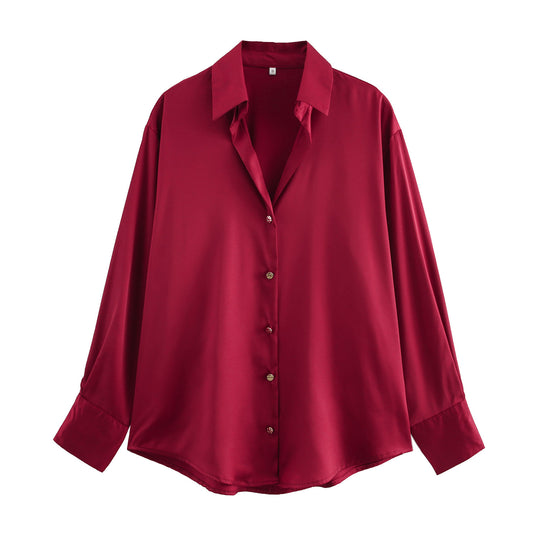 Damen nan oversized Satinbluse mit Hemdkragen, verlängerten Manschetten und abgerundetem Saum EB