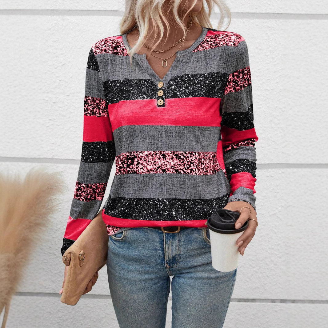 Damen Langarmshirt mit schimmernden Streifen und Knopfdetails EB