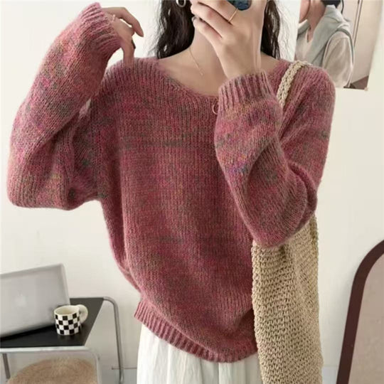 Damen leichter Strickpullover mit V-Ausschnitt und voluminösen Ärmeln EB