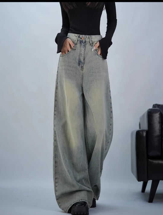 Damen trendige Baggy-Jeans mit hohem Bund und weiten Beinen EB