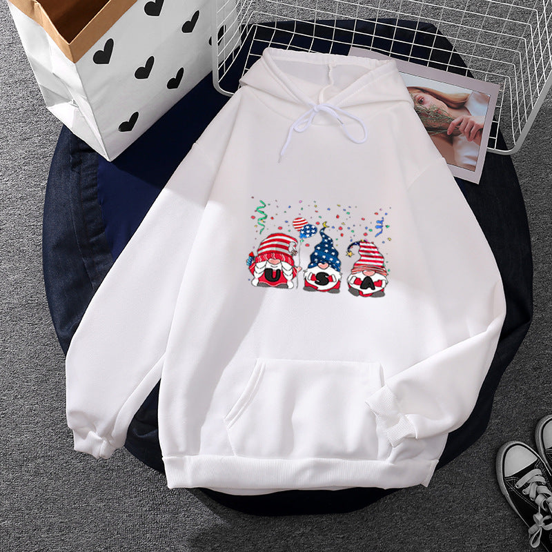 Damen nan Kapuzenpullover mit patriotischem Gartenzwerg-Print, angerautem Fleece-Innenfutter, Oversize-Schnitt und Kängurutasche EB