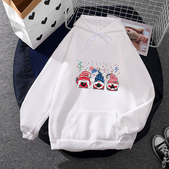Damen nan Kapuzenpullover mit patriotischem Gartenzwerg-Print, angerautem Fleece-Innenfutter, Oversize-Schnitt und Kängurutasche EB